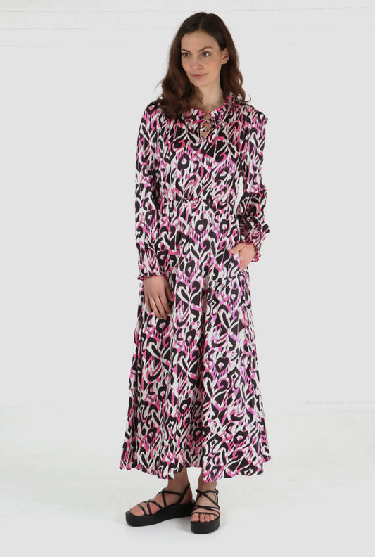 Susie Ikat Print Midi Dress in Pink
