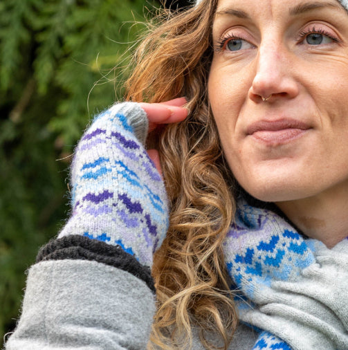 Blue & Grey Heart Knitted Wrist Warmers