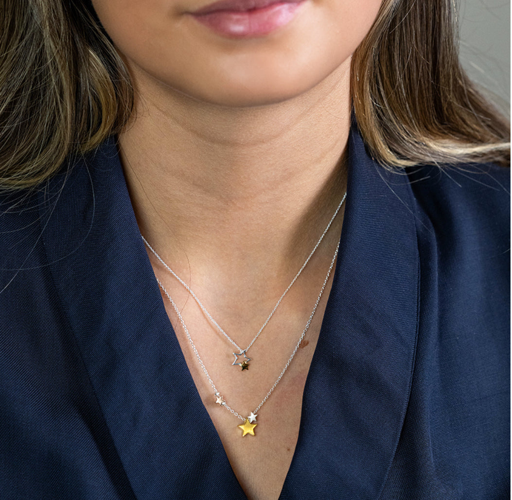 Silver Star Necklace - Double Star in Silver & Gold