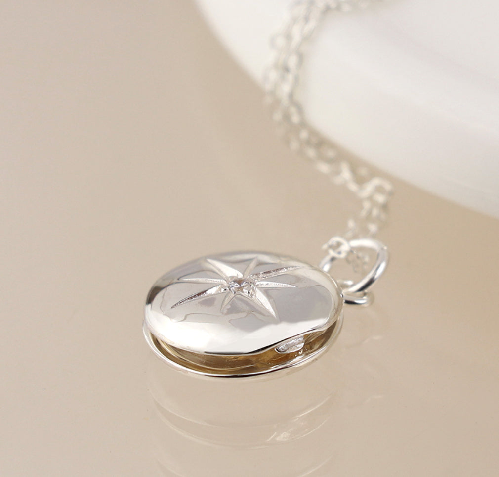 Silver Locket Necklace - Round with Star and Crystal Design