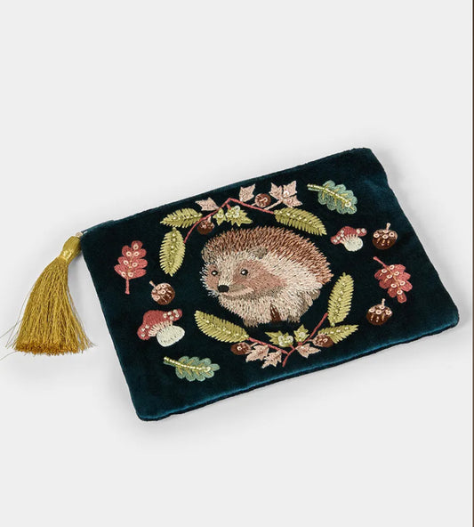 Velvet Makeup Bag - embroidered hedgehog