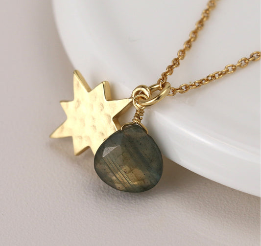 Gold Star & Gemstone Necklace - 14k plated gold & Labradorite stone