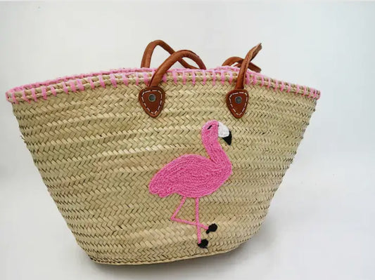 Handmade Flamingo Design Moroccan Basket Bag