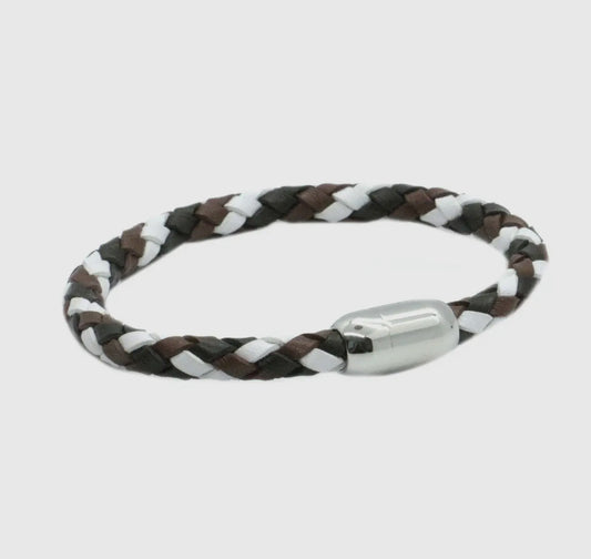 Browns & White Leather Woven Men’s Bracelet with Steel Magnet Clasp