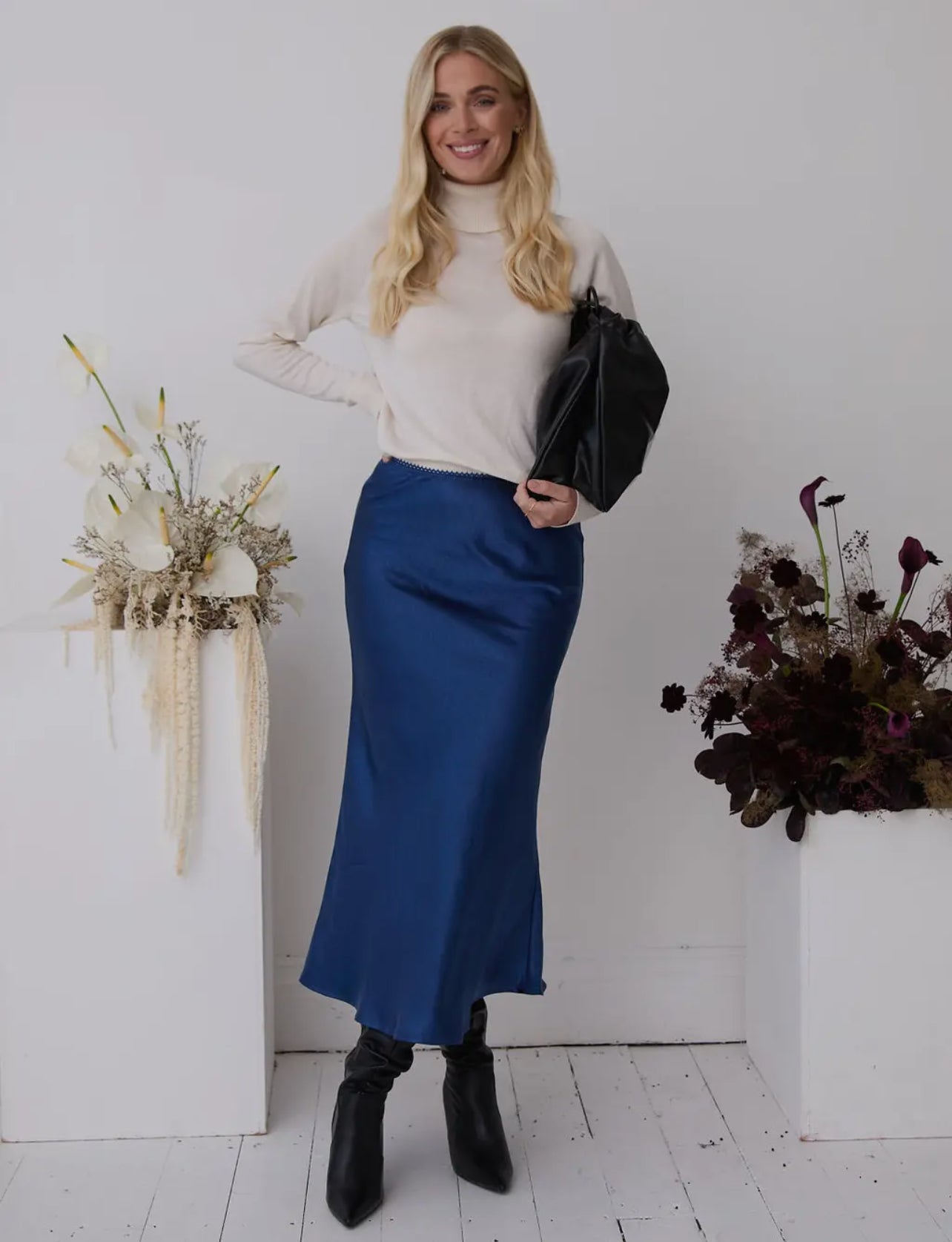 Navy Luxury Satin Slip Skirt - Midi