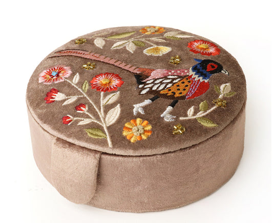 Fawn embroidered pheasant velvet round jewellery box