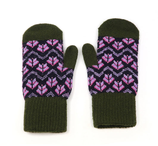 Green and Purple Mix Scandi Style Wool Mittens