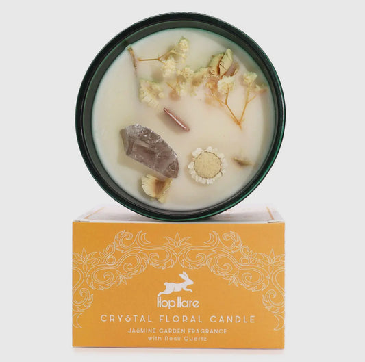Hop Hare Crystal Flower Candle - Jasmine, Bergamot & Sandalwood Scent with Quartz Crystal