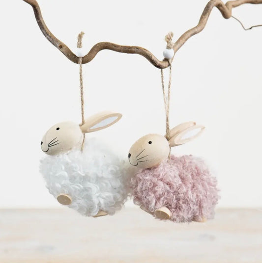 Easter Hanging Decorations - Wooden & Wool Rabbits