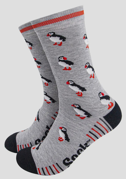 Men’s Bamboo Socks  - Grey Puffins