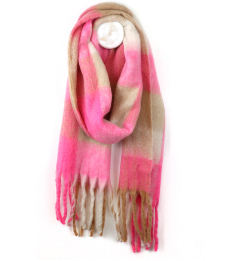 Neon pink mix fluffy check scarf