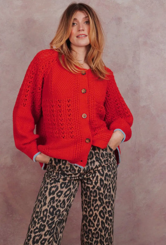 Brigit Pointelle Stitch Balloon Sleeve Cardigan - Orange