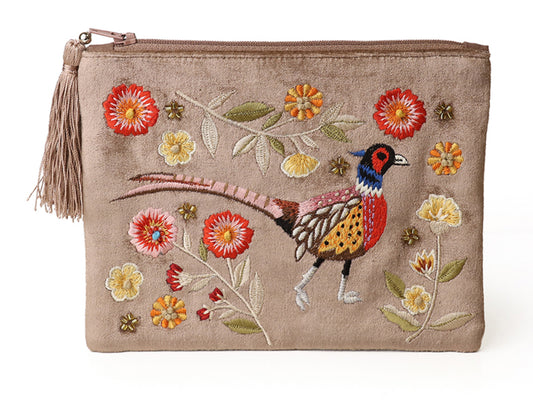 Fawn embroidered pheasant velvet zip purse