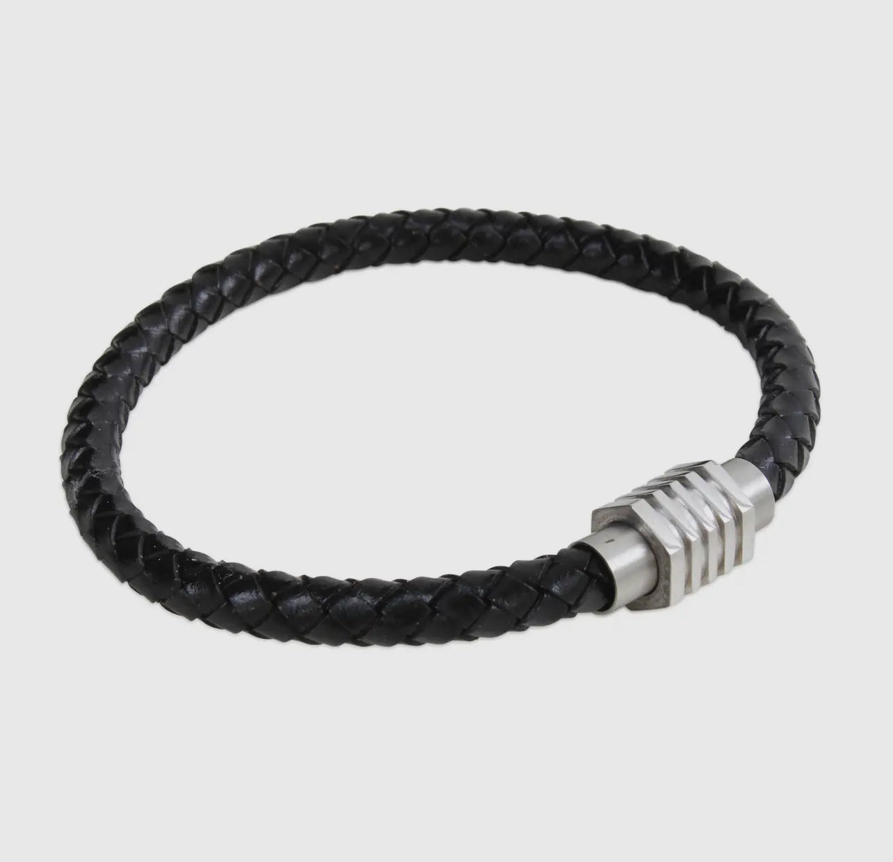 Black Leather Bracelet for Men with DmSteel Ribbed Clasp