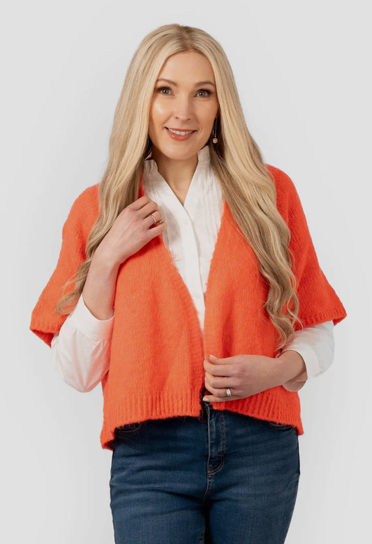 Amelia Short Sleeve Wool Blend Open Cardigan- Coral.
