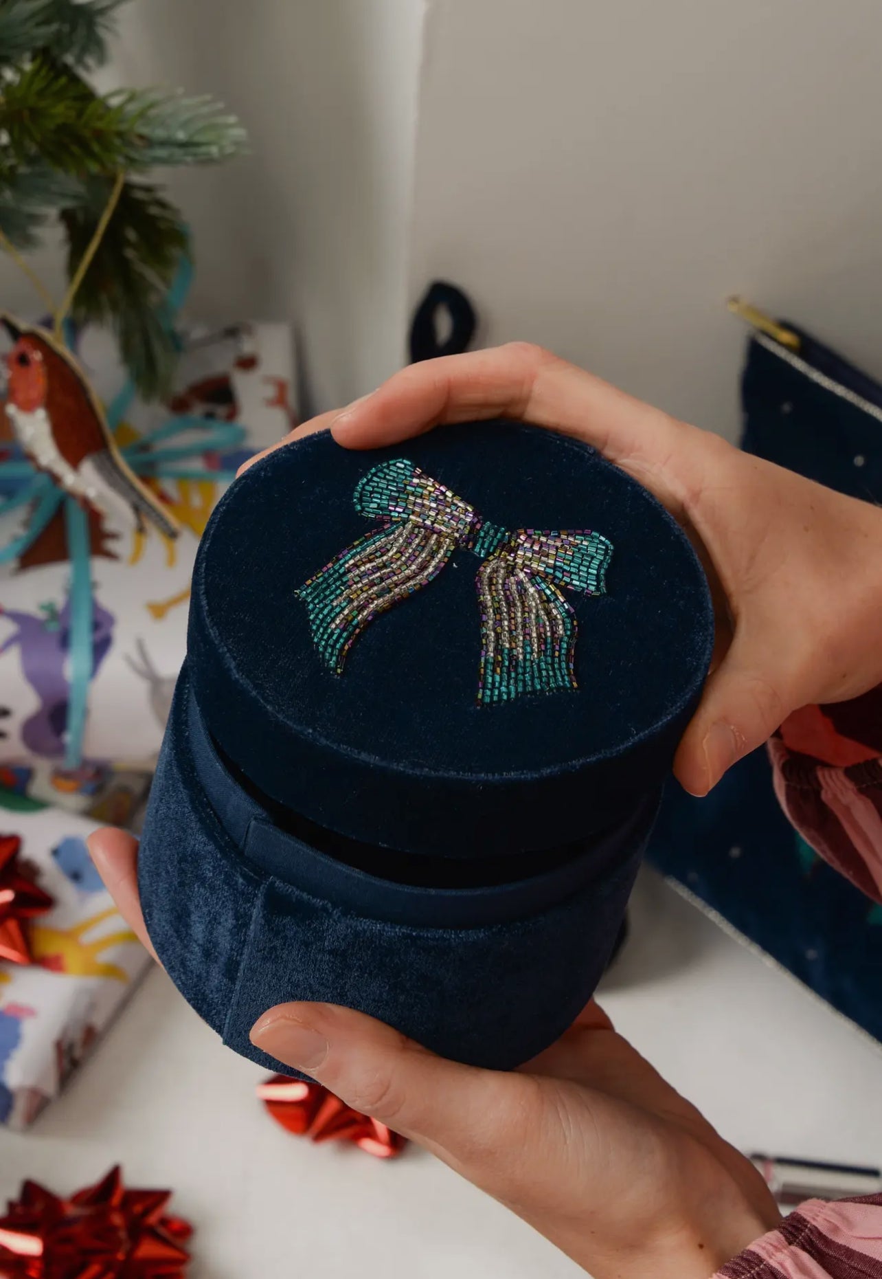 My Doris Blue Velvet Box with Beaded Bow Design