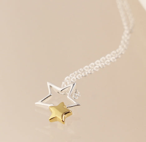Silver Star Necklace - Double Star in Silver & Gold