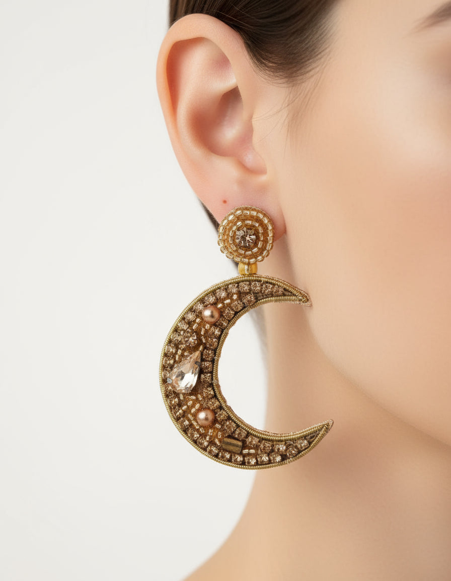 My Doris - Gold Beaded Moon Earrings