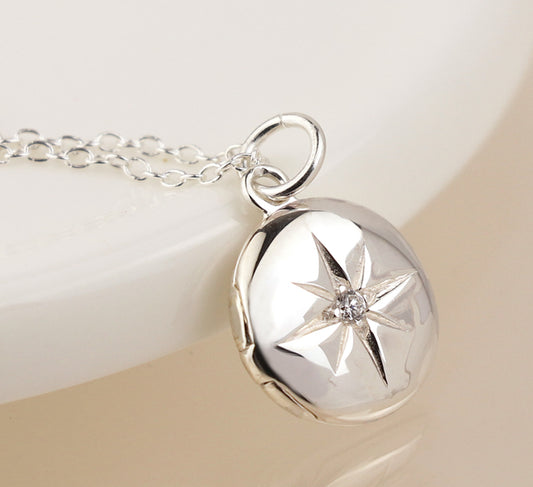 Silver Locket Necklace - Round with Star and Crystal Design