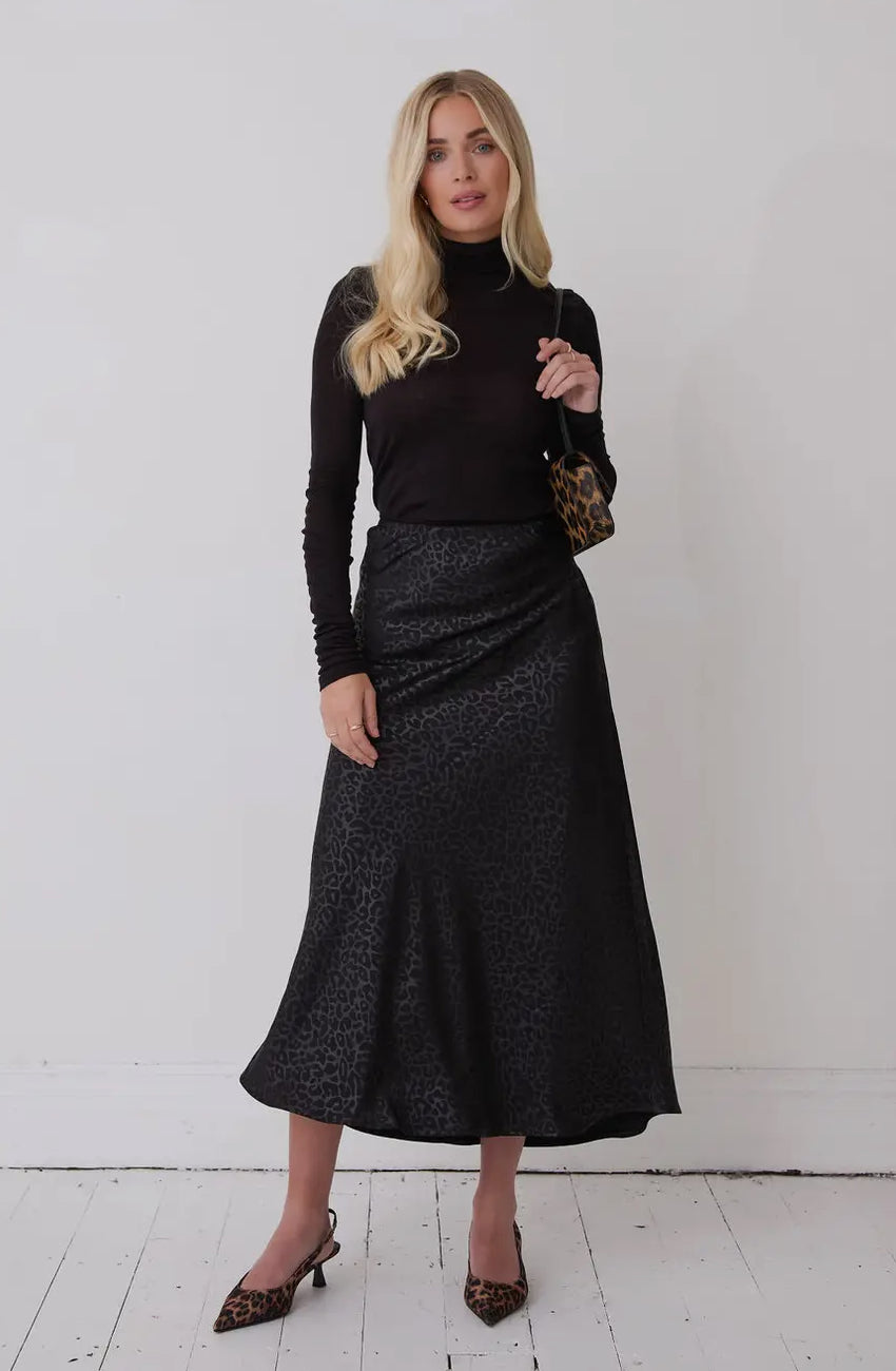 Animal Print Black Satin Skirt