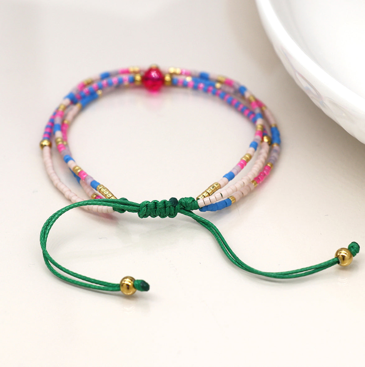 Pink, blue mix adjustable beaded bracelet