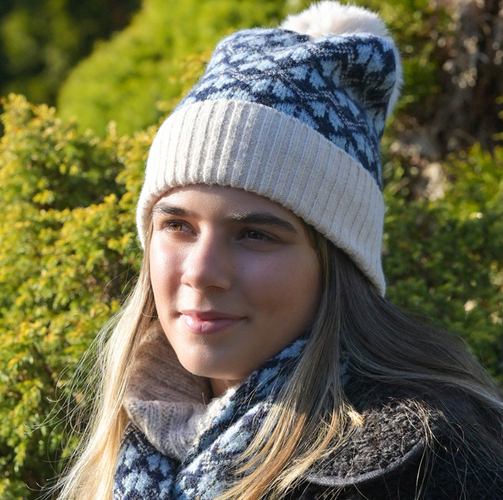 Recycled blend blue mix scandi flower bobble hat