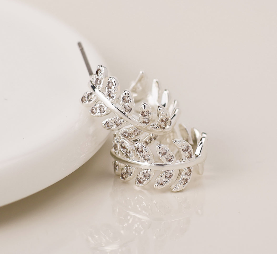 Silver Plaited Crystal Leaf Earrings