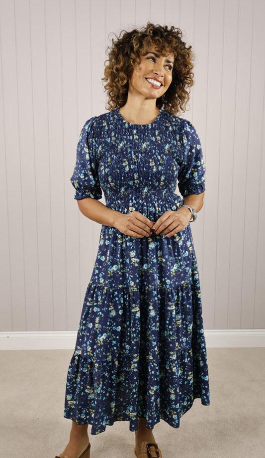 Shirred Ditsy Floral Midi Dress - Blue