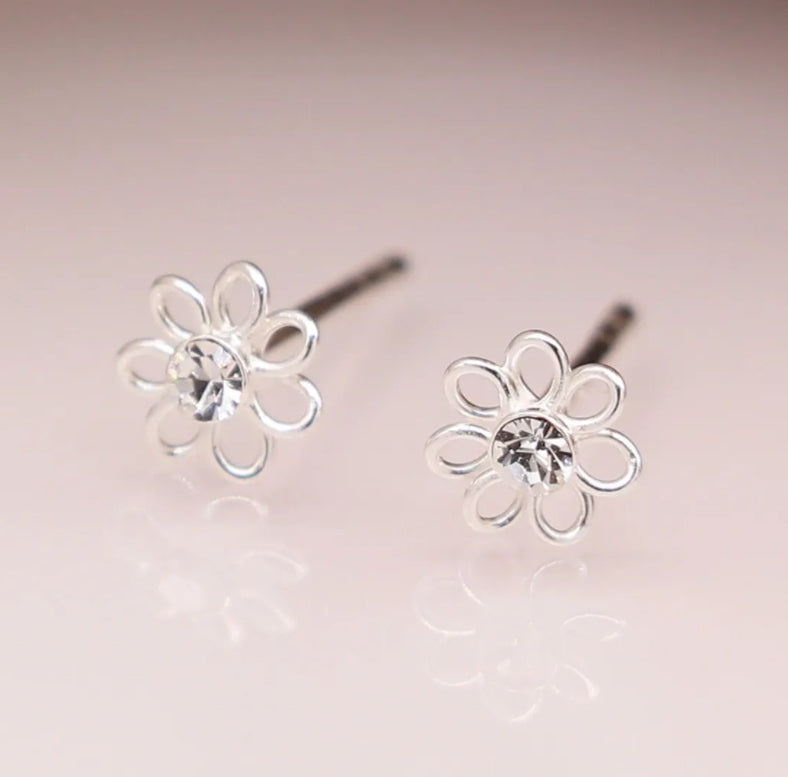 Sterling Silver Tiny Crystal Flower stud