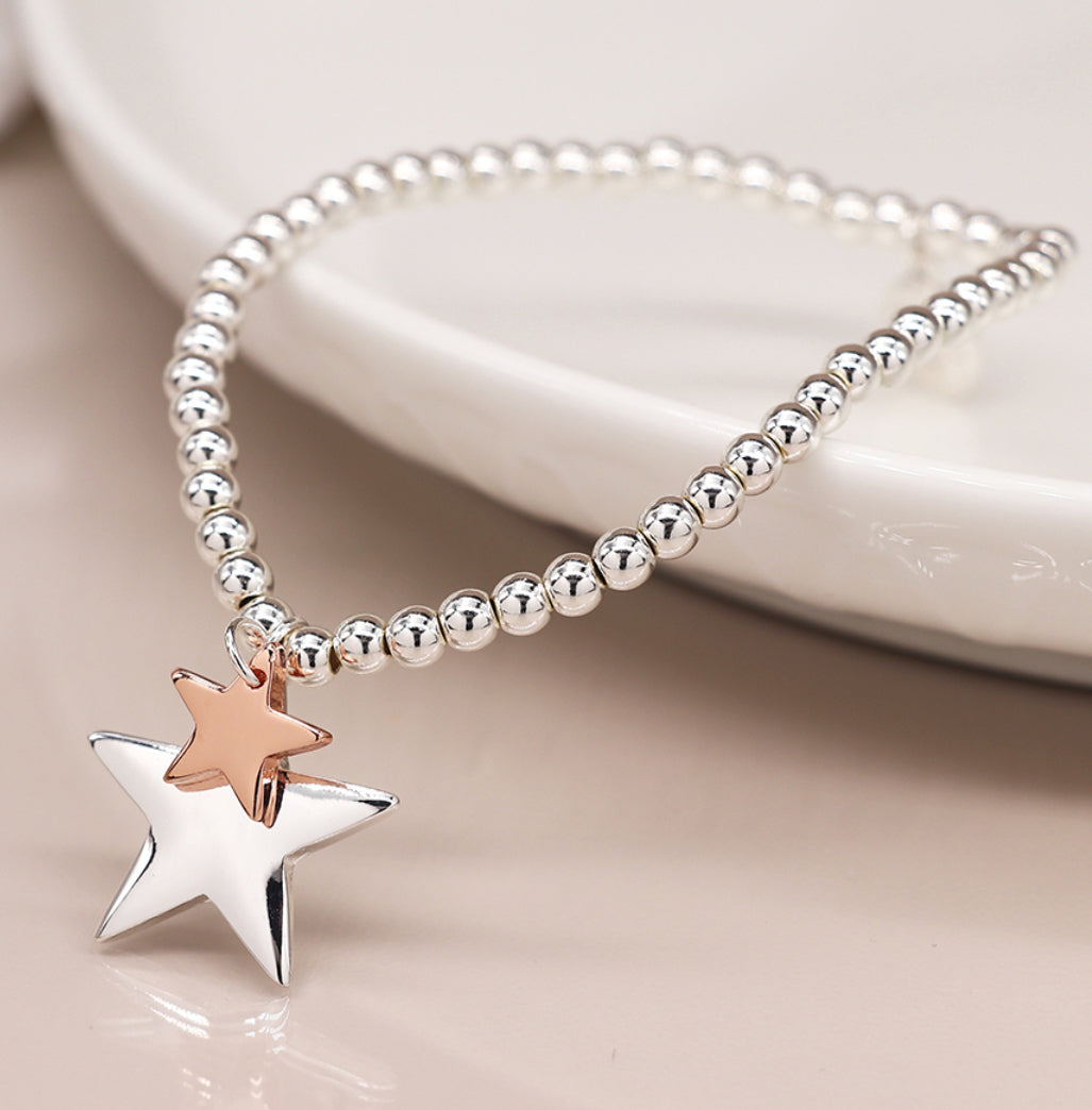 Silver Beaded Bracelet with Double Star