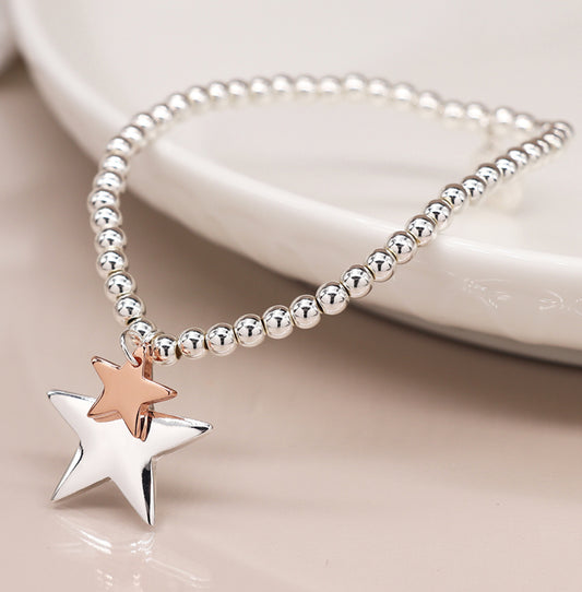 Silver Beaded Bracelet with Double Star