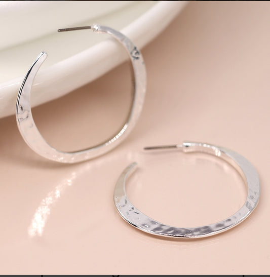 Silver plated irregular hammered open hoop earrings