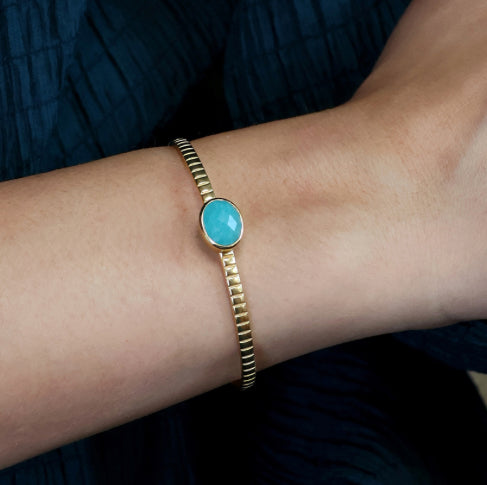 Gold Bangle with Gemstone - 14k gold plated with Amazonite gemstone