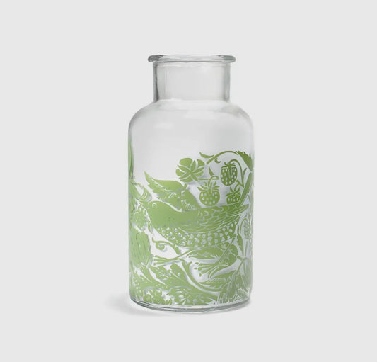 William Morris Strawberry Thief Design Green Etched Glass Vase