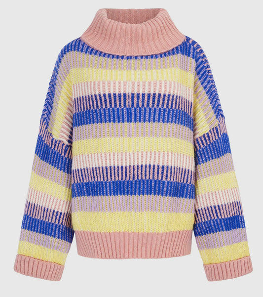 Striped Chunky Jumper - Pink & Blue Roll-neck oversized