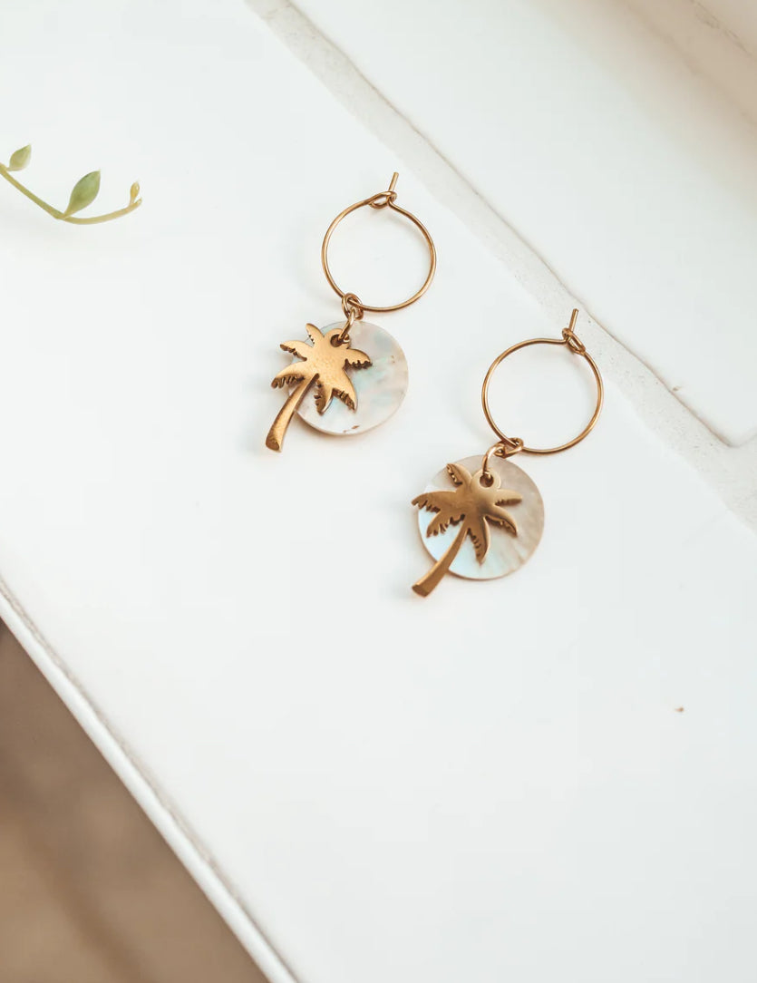 Sunset in Bali Akoya Shell with Palm Tree Hoop Gold Earrings
