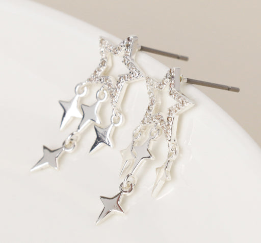 Silver plated crystal star and star drops earrings