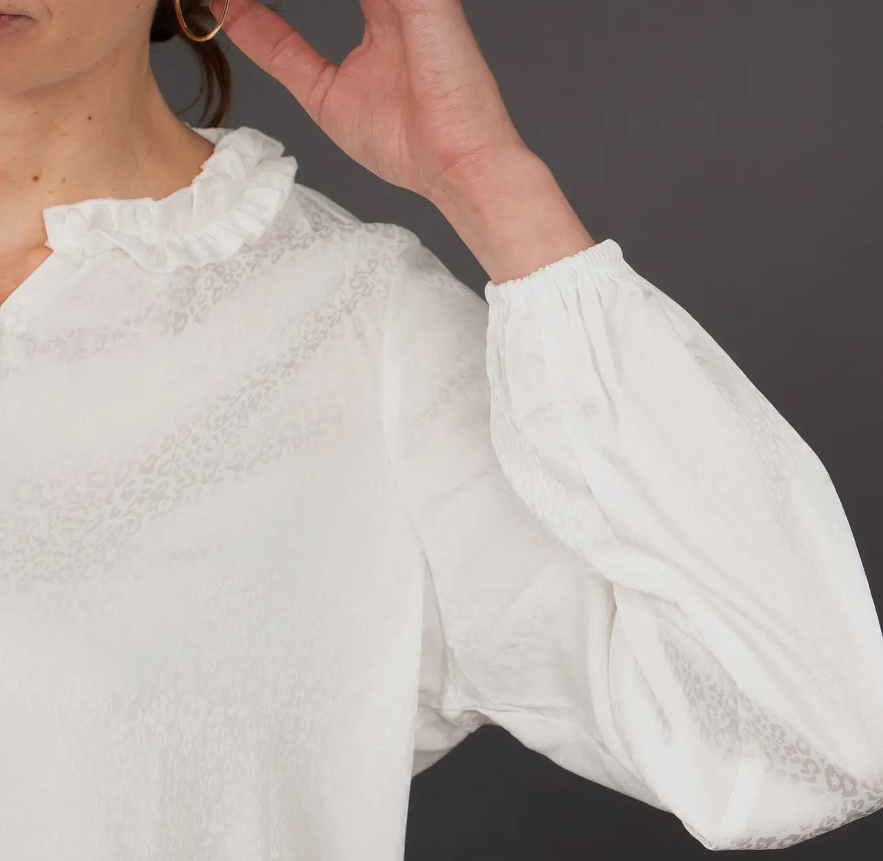 Ava White Grandad Collar Blouse with Leopard Design - Size L ( 16 - 18)