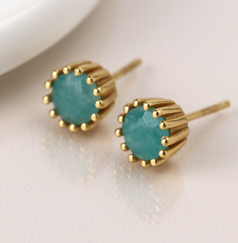 Gold Amazonite Gem Stud Earrings - 14k Gold Plated