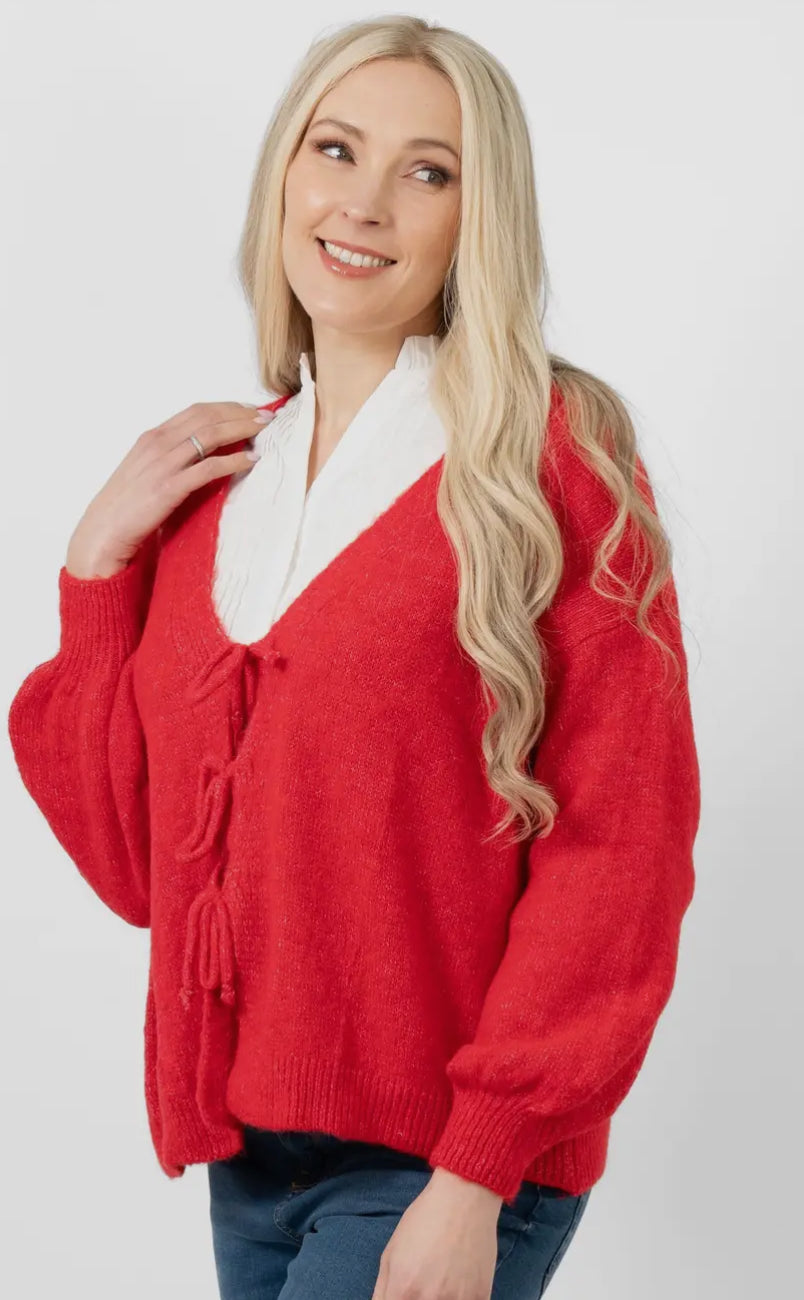 Tie Front Wool Blend Cardigan - Cassidy Red