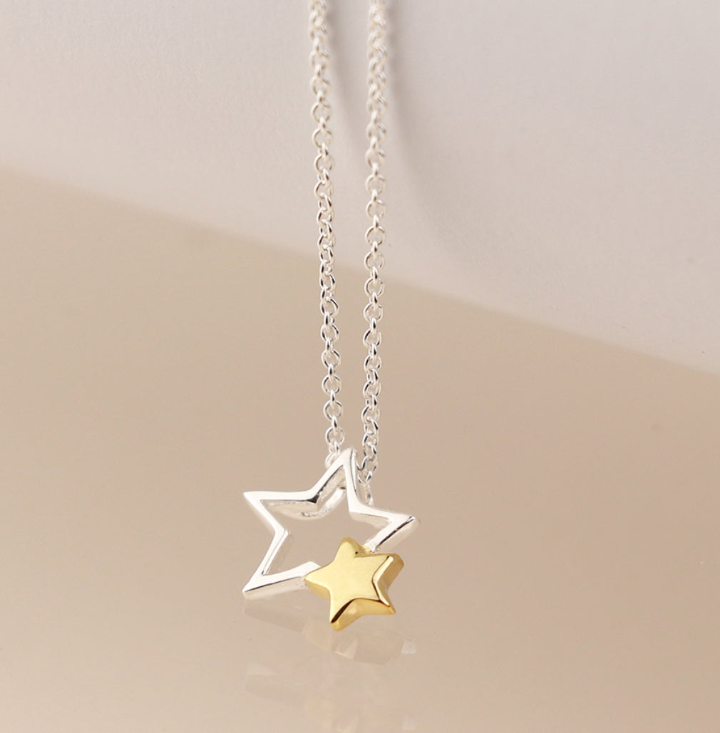 Silver Star Necklace - Double Star in Silver & Gold