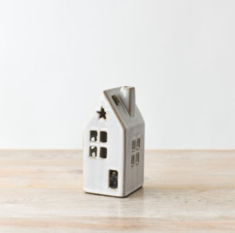 Light-Up Ceramic House - 10cm white with star