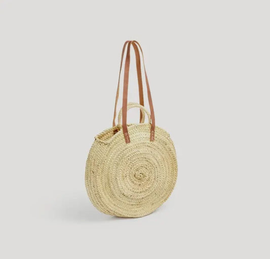 Round Straw Bag with Leather Straps