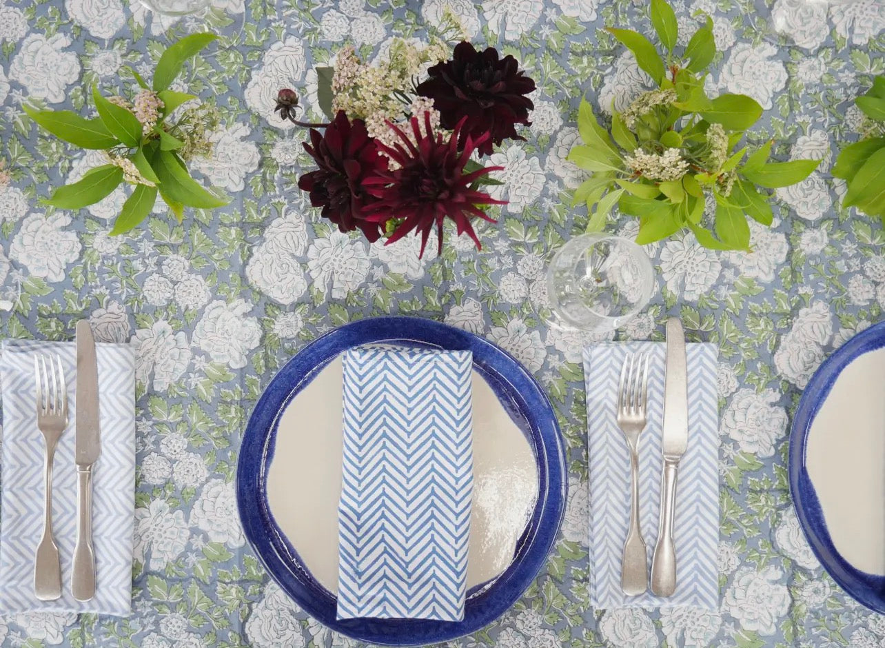 In Bloom Table Cloth - Green and Blue  Hand Printed
