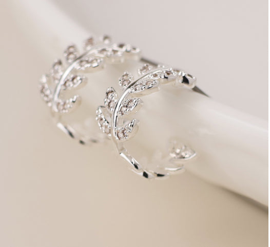 Silver Plaited Crystal Leaf Earrings