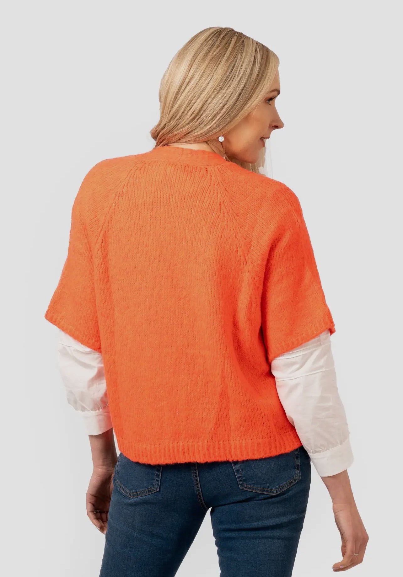 Amelia Short Sleeve Wool Blend Open Cardigan- Coral.