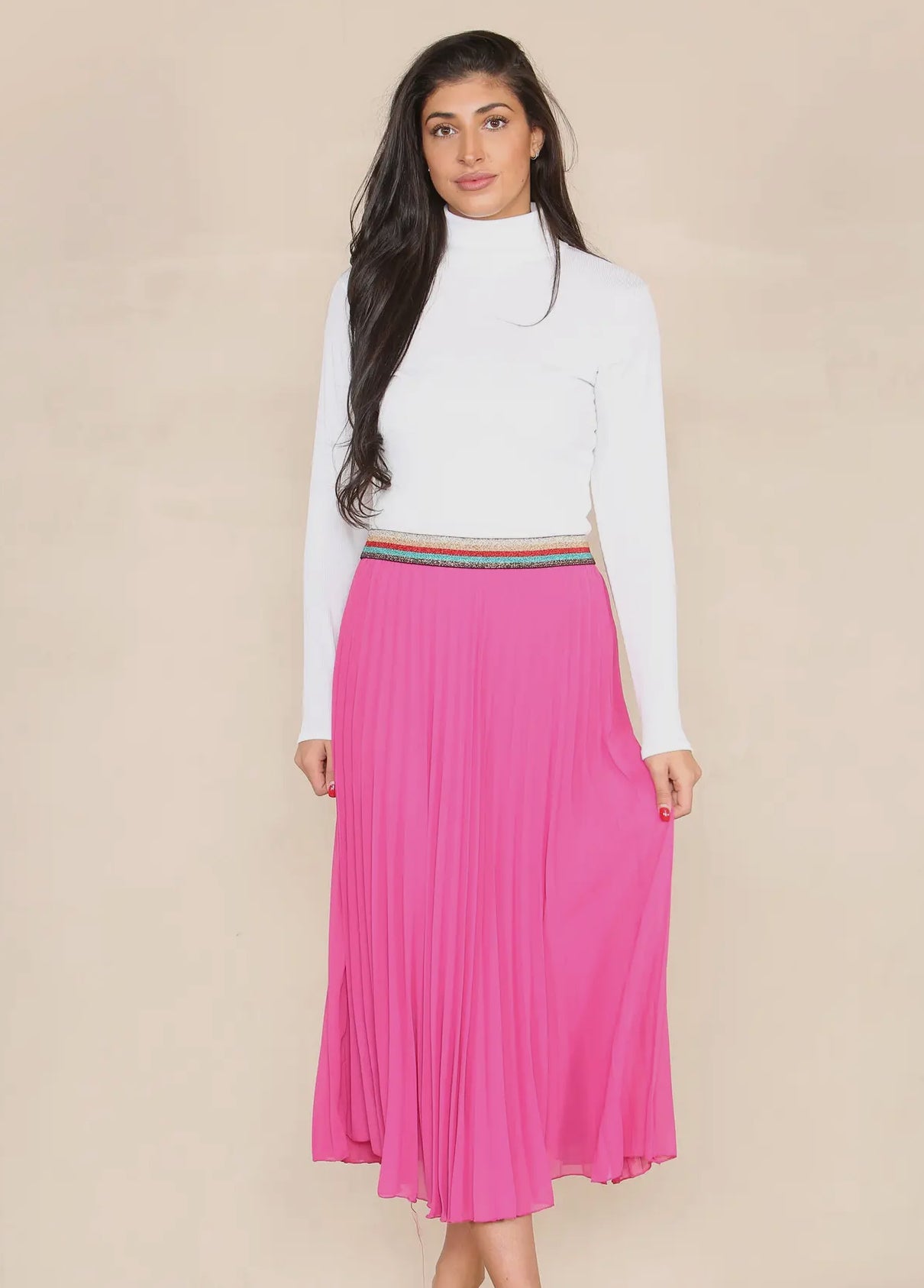 Pleated Midi Skirt with Rainbow Elasticated Waistband - Hot Pink
