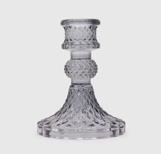 Glass Vintage Style Candlestick Holder in Light Smoke Grey