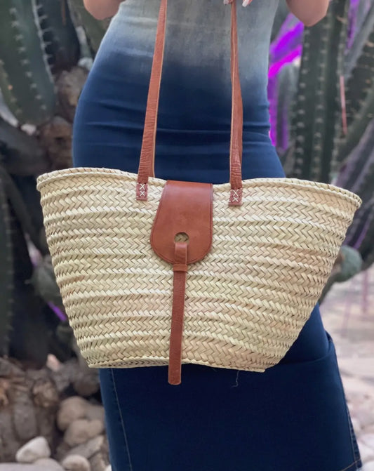 Handmade Straw Basket Bag with Leather Straps and Buckle