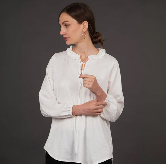Ava White Grandad Collar Blouse with Leopard Design - Size L ( 16 - 18)